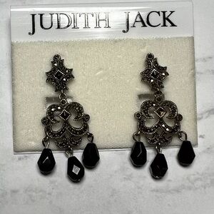 Vintage Judith Jack Sterling Silver Marcasite Black Onyx Chandelier Earrings